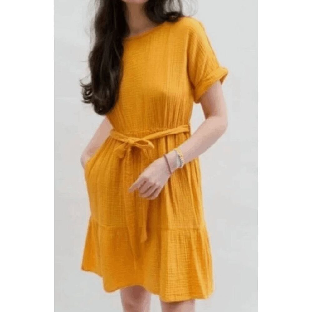XIRENA Aiden Sun Gauzy Relaxed Fit Tie Waist Golden Yellow Chic Dress Women's S